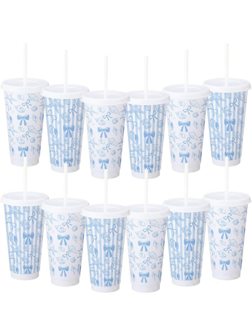 12 Pack 24 oz Coastal Plastic Cups with Lids & Straws - Perfect for Parties!